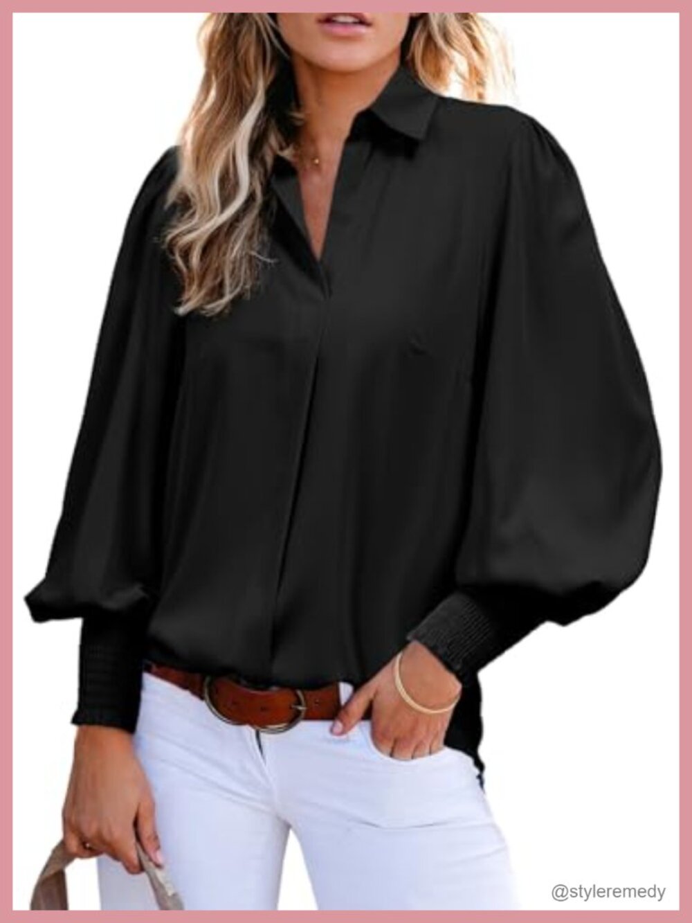 Women Loose V-Neck Blouse Lantern Sleeve Button Down Shirt